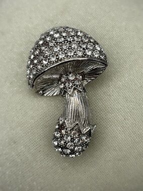 Mushroom Brooch Vintage Silver Tone Pave Rhinestone